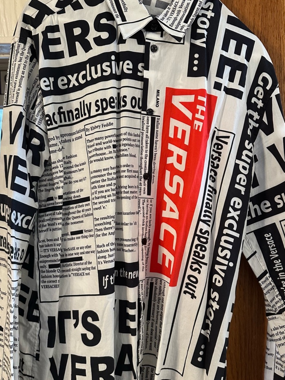 Versace Black & White Newsprint Shirt with Red Logo Panel